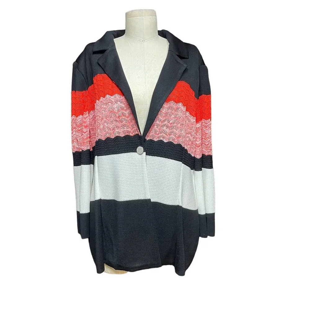Misook Knit Sweater Blazer Red Black Cream‎ Stripe Plus Size 2X